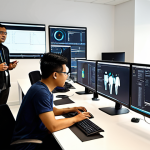 **

A diverse team working collaboratively in a modern office space. Some are coding, others are analyzing data visualizations on large screens. The atmosphere is bright and energetic. Focus on inclusivity and teamwork. The image should evoke a sense of innovation and productivity within a Malaysian context.

**