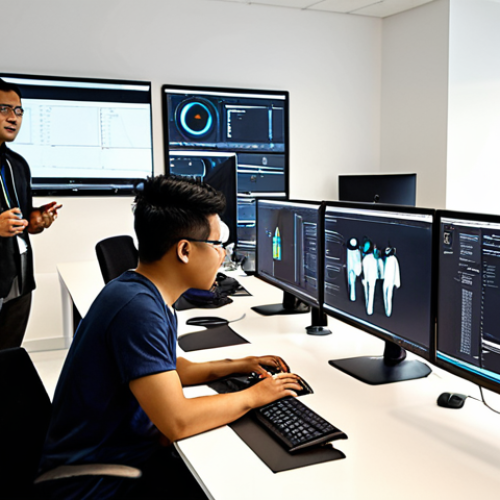 **

A diverse team working collaboratively in a modern office space. Some are coding, others are analyzing data visualizations on large screens. The atmosphere is bright and energetic. Focus on inclusivity and teamwork. The image should evoke a sense of innovation and productivity within a Malaysian context.

**