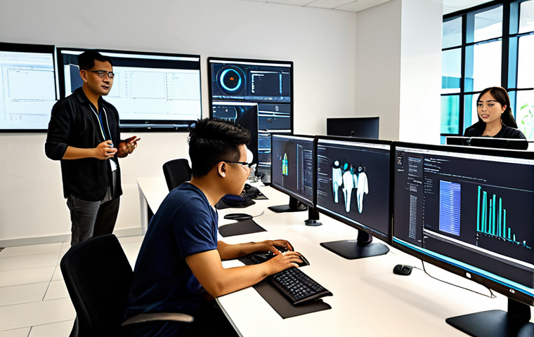 **

A diverse team working collaboratively in a modern office space. Some are coding, others are analyzing data visualizations on large screens. The atmosphere is bright and energetic. Focus on inclusivity and teamwork. The image should evoke a sense of innovation and productivity within a Malaysian context.

**