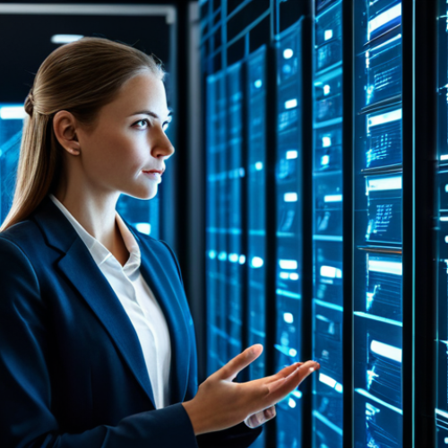 A highly professional female cybersecurity architect in a modest business suit, standing confidently in a secure, futuristic data center. She is overseeing a complex network visualized as a robust digital fortress with glowing shields and encrypted data streams flowing securely on transparent screens. One hand gestures towards a display showing a secure access control panel. High-resolution, cinematic lighting, professional photography, fully clothed, modest clothing, appropriate attire, professional dress, safe for work, appropriate content, professional, family-friendly, perfect anatomy, correct proportions, natural pose, well-formed hands, proper finger count, natural body proportions.