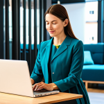 ** A professional woman in a modest, knee-length dress, working on a laptop in a bright, modern coworking space.  Fully clothed, appropriate attire, safe for work, perfect anatomy, natural proportions, professional setting, family-friendly.

**