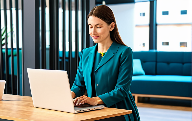 ** A professional woman in a modest, knee-length dress, working on a laptop in a bright, modern coworking space.  Fully clothed, appropriate attire, safe for work, perfect anatomy, natural proportions, professional setting, family-friendly.

**