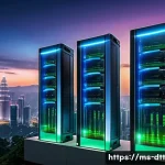 데이터 레이크 구축 시 고려해야 할 성능 요소 - A futuristic data center in Kuala Lumpur with advanced distributed storage architecture, showing mul...